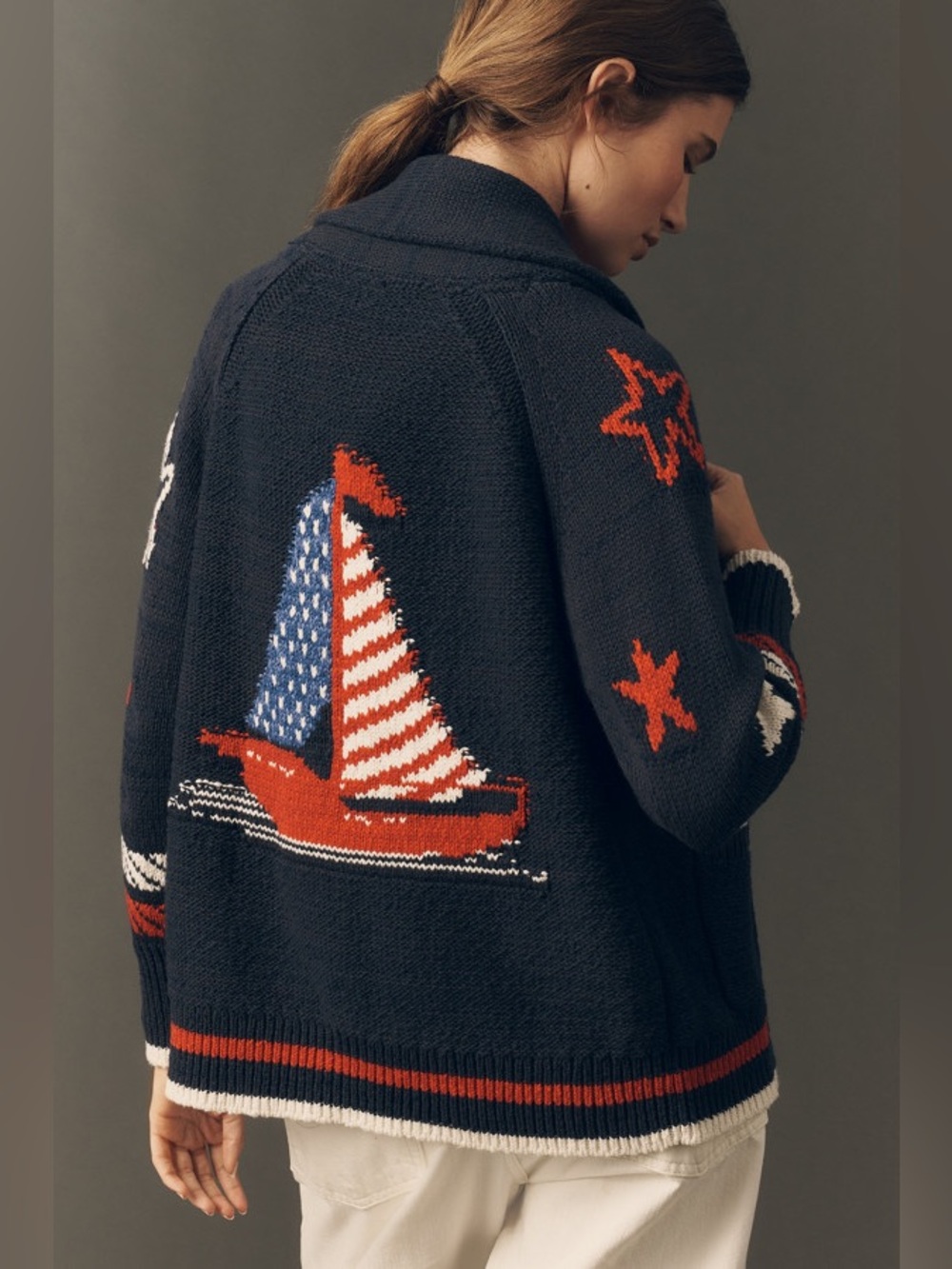 Anthropologie Navy Cardigan with Red & White Trim and Sail Motifs - Picture 1 of 5